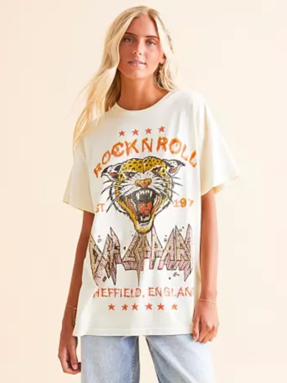 Rock N Roll Def Leopard Oversized Womens Graphic Tee - Beige